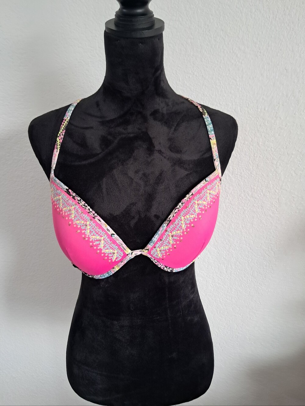 Victoria's Secret The Fabulous Push Up Bikini Top 34DD Pink Sequins Strappy Swim